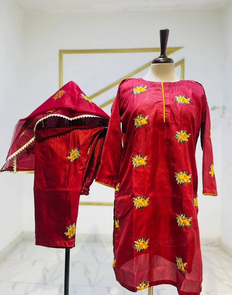 3 Pcs Cotton Silk Embroidered Stitched Suit. *Free Delivery* 0