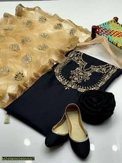3 pic woman's unstitched katan silk  embroidered suit and black khussa