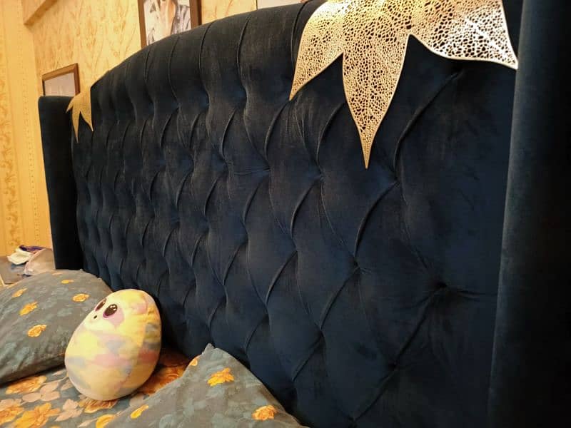 designer queen size bed with navy blue velvet design 0