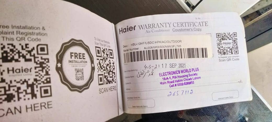Haier 1 ton Dc inverter warranty card (0316=442/6969) Genuine seett 6