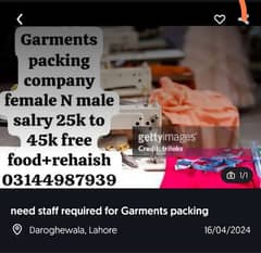 garments packing job salary 25k to 45k