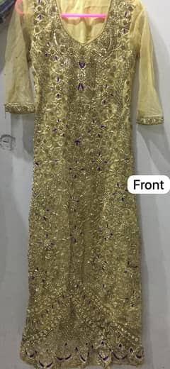 Exquisite Golden Walima Maxi with Purple Dupatta and Jamawar Pajama