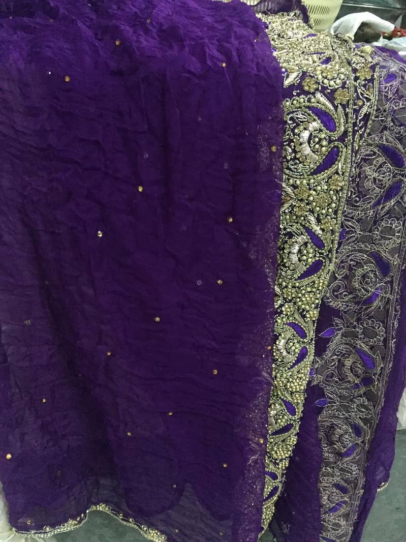 Exquisite Golden Walima Maxi with Purple Dupatta and Jamawar Pajama 10