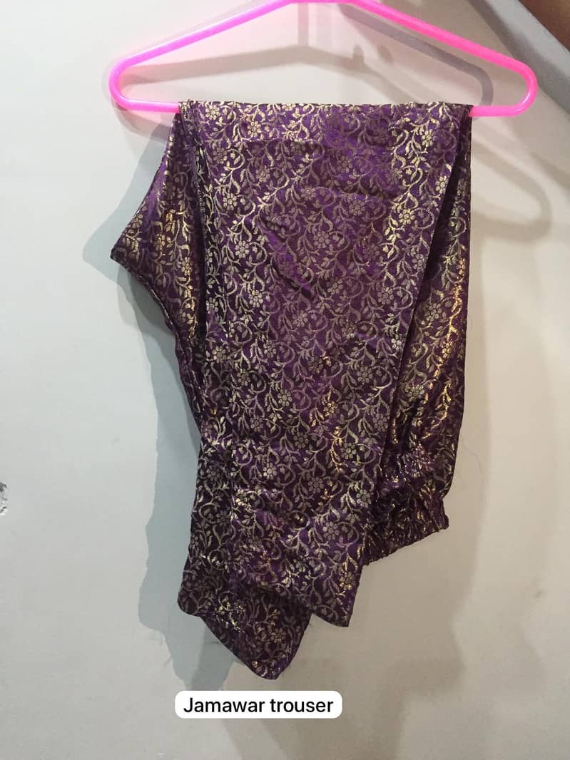 Exquisite Golden Walima Maxi with Purple Dupatta and Jamawar Pajama 12