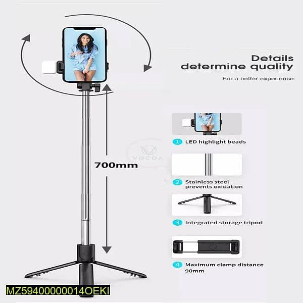 Selfie Stick with LED light, Mini tripod stand 3