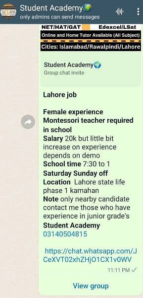 female Montessori teacher required for school (03140504815) 0