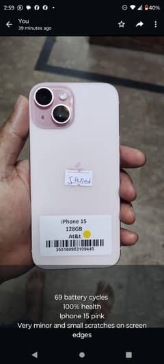 iphone 15 pink plus  128gb JV  clean imei at&t READ AD 0