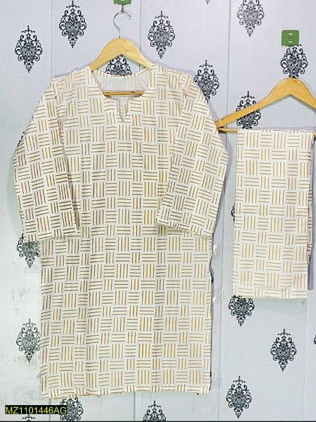 2 Pcs Women's Stitched Linen Block Print Suit 1