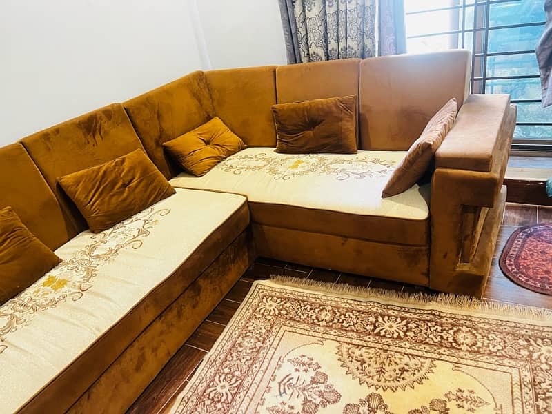 brown and beige L shaped corner sofa 1