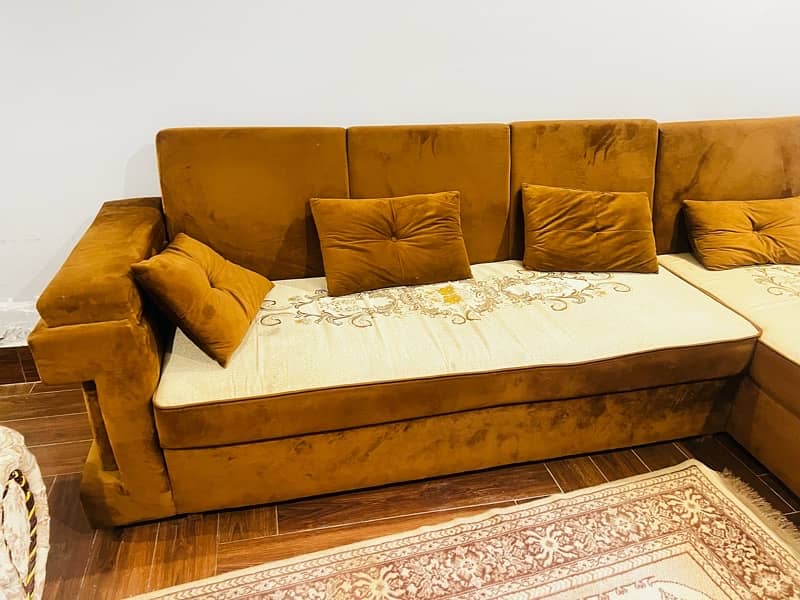 brown and beige L shaped corner sofa 2