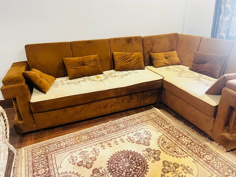 brown and beige L shaped corner sofa 3