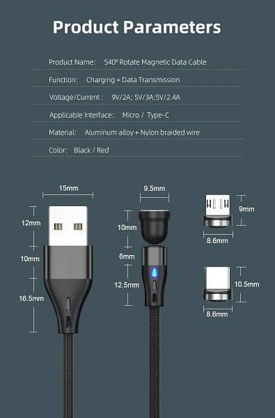 3A 540 Rotate Magnetic Cable Fast Charging USB Cable Micro Cable 4