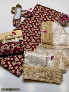 3 Pcs Women Unstitched chifon Embroidered Suit with Khussa and clutch