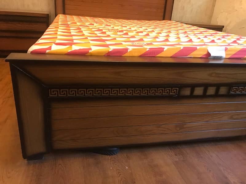 Queen size wooden bed with side tables and Mattress almost NEW 1