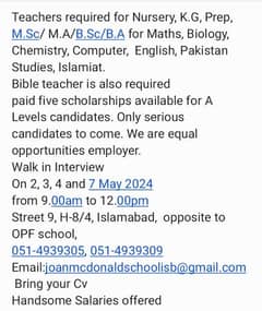 TEACHERS REQUIRED FOR A CAMBRIDGE SCHOOL IN ISLAMABAD