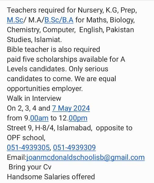 TEACHERS REQUIRED FOR A CAMBRIDGE SCHOOL IN ISLAMABAD 0