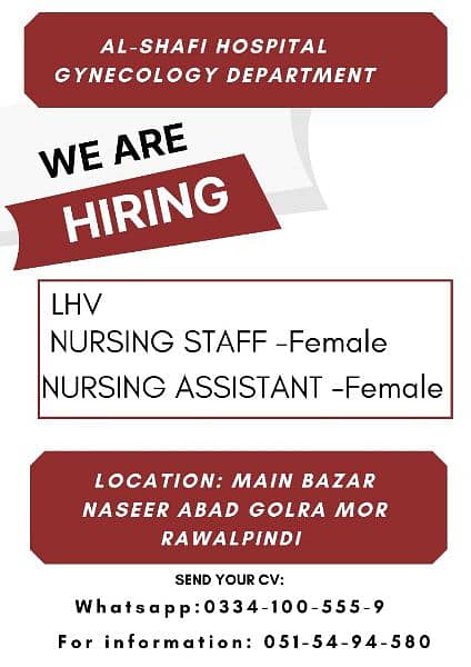 LHV Required for part time ,Male nurse for full time. 1