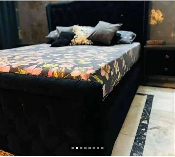 cushioned bed in Black velvet with side tables without mattress 1