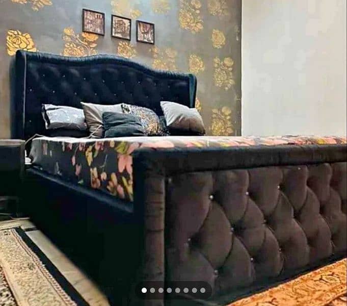 cushioned bed in Black velvet with side tables without mattress 2