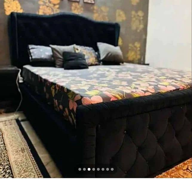 cushioned bed in Black velvet with side tables without mattress 3