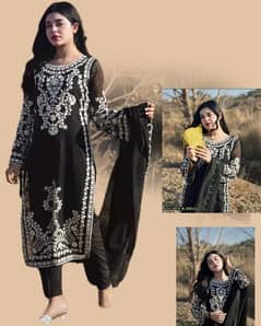 3 PCS woman's stitched  organza  Embroidered  Suit _black 0