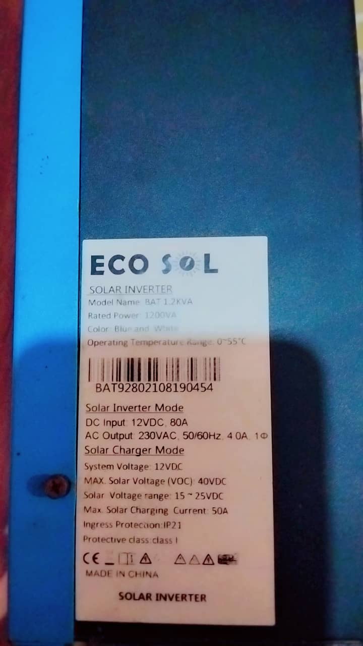 Eco Sol 1.2kva Solar inverter/ups Model: Bat 1.2kva 1