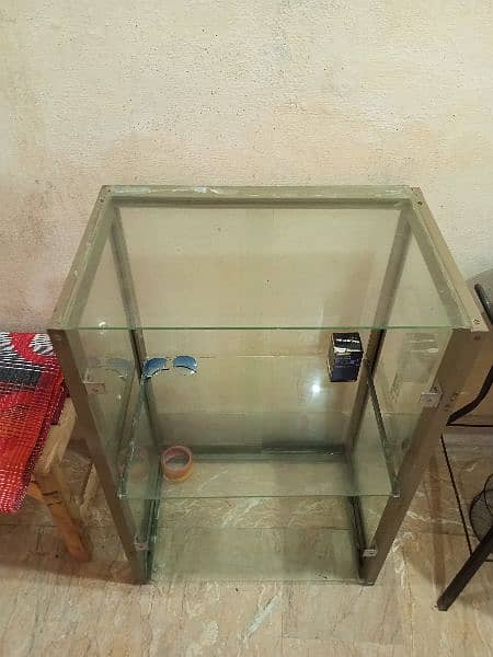 Glass counter with stool, Wooden counter and bench 1