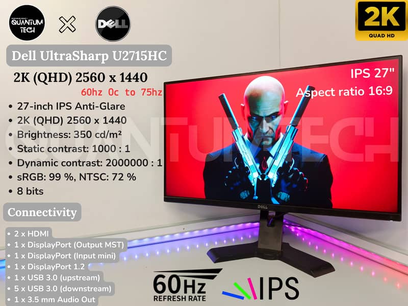 27inch 2k QHD IPS 60Hz Dell UltraSharp U2715HC Gaming Monitor Pc PS4 0