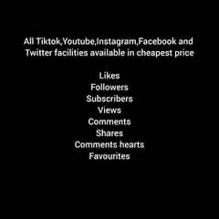 All Tiktok,Instagram,Youtube,Facebook and Twitter facilities available