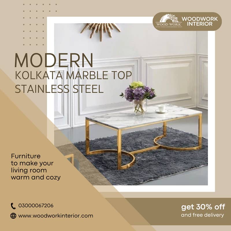 stainless steel golden Kolkata white marble top center table 0