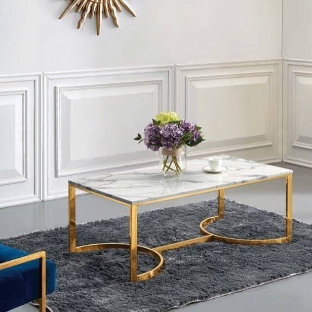 stainless steel golden Kolkata white marble top center table 5