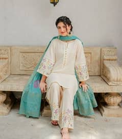women unstich lawn suit with embroidery sleeves and trouser