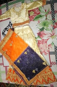 Golden And Orange Silk Lenhga Set, Fancy Lehnga Set for girls.