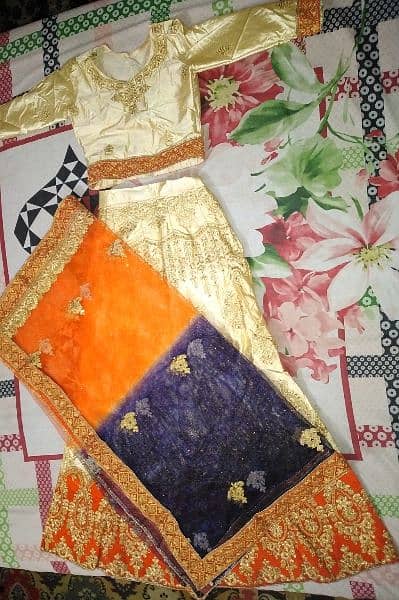 Golden And Orange Silk Lenhga Set, Fancy Lehnga Set for girls. 0