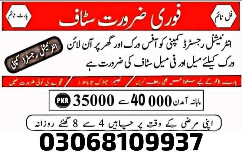 Full time part time job available male female staff required 0