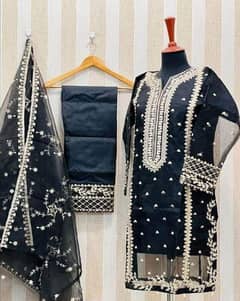 3 pcs women's stitched organaza Embroidered suit