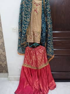 1. front open with three piece purple , 2. gharara with shirt dupatta