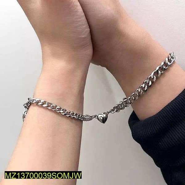 2 Pcs Alloy Silver Plated Magnetic Heart Design Couple’s Bracelet 1
