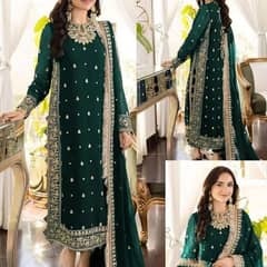 3pc Women's Stitched Crinkle Chiffon Embroidered Suit 0