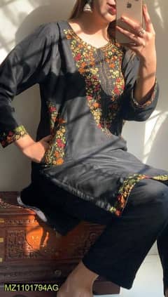 2 Pcs Women's Stitched Linen Embroidered Suit
