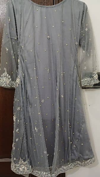 3 piece grey net A line frock with silver work 1