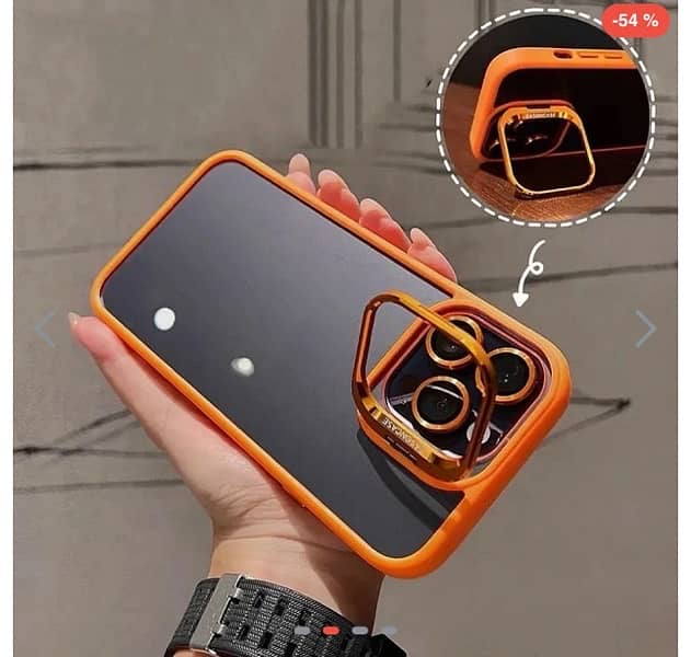 iPhone 14 Pro Max Case. Orange Color with camera stand + lens protect 3