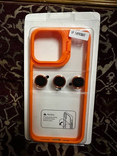 iPhone 14 Pro Max Case. Orange Color with camera stand + lens protect 4