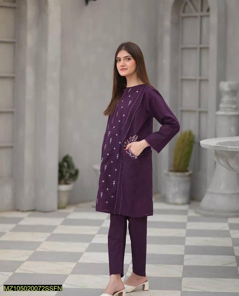 2 pcs woman's stitched linen embroidered shirt and trouser 0