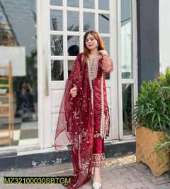 2 pcs women's sticthed fancy katan silk embroidered suit
