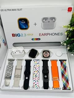 i20 ultra max suit smart watch + earpods + 7 different colours bands