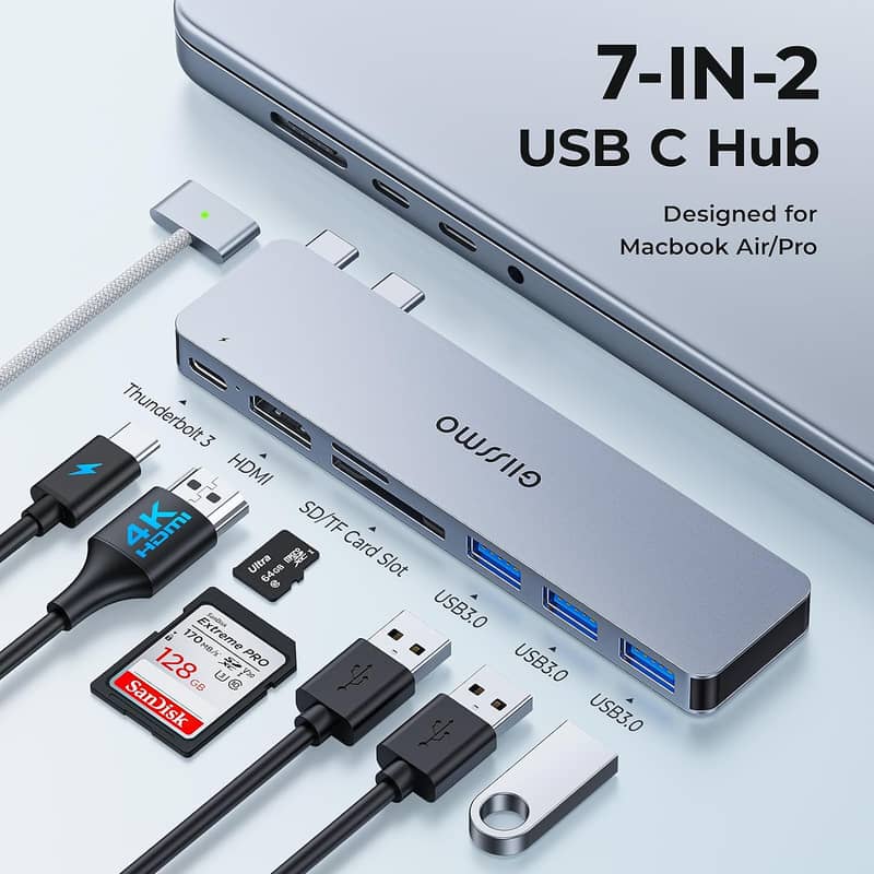 USB C HUB 7-in-2 MacBook Pro/Air Adapter with Thunderbolt 3, 4K HDMI 3