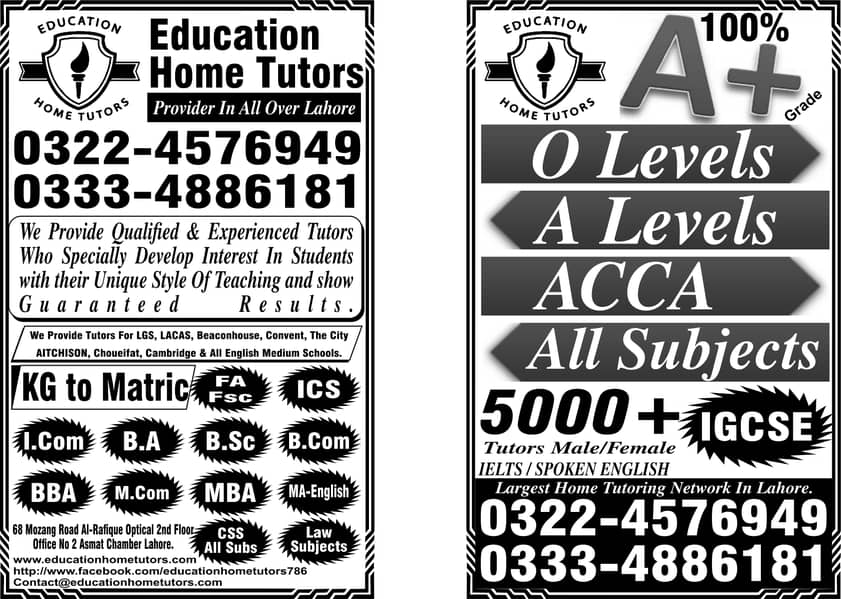Home tutors/Tuition for Matric O/A Level FA Fsc I Com Isc BA Bs. LHR 0