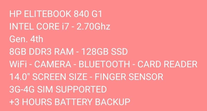 HP ELITEBOOK 840 G1 CORE i7-2.70Ghz GEN. 4th 8GB DDR3 RAM 128GB SSD 6