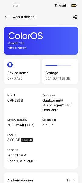 Oppo A96, PTA with complete box 16+128 3